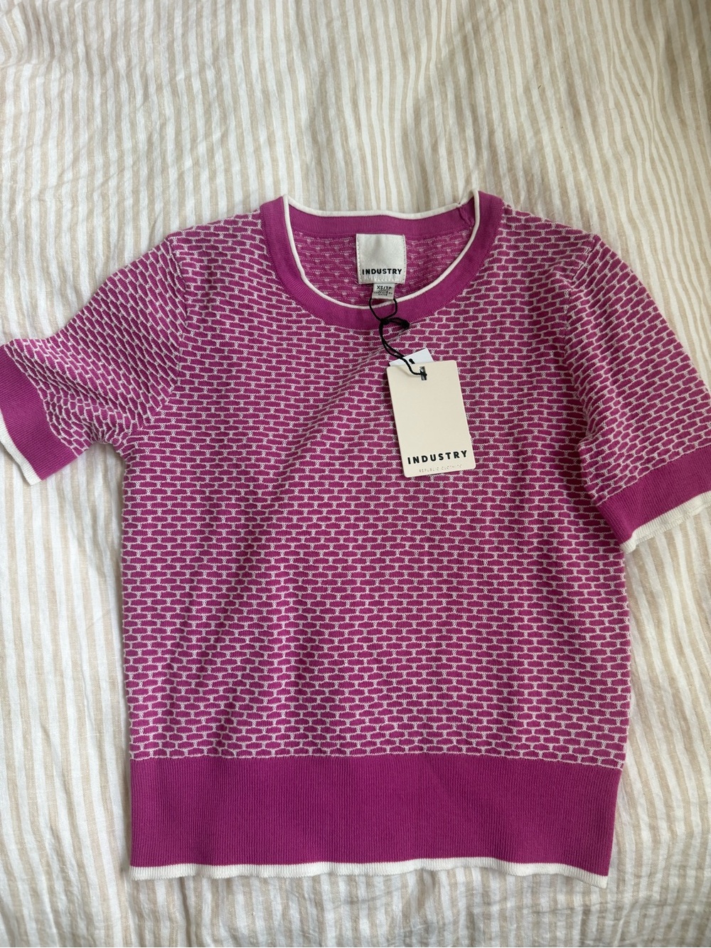 Industry Republic pink knit top with white geometric pattern, size XS